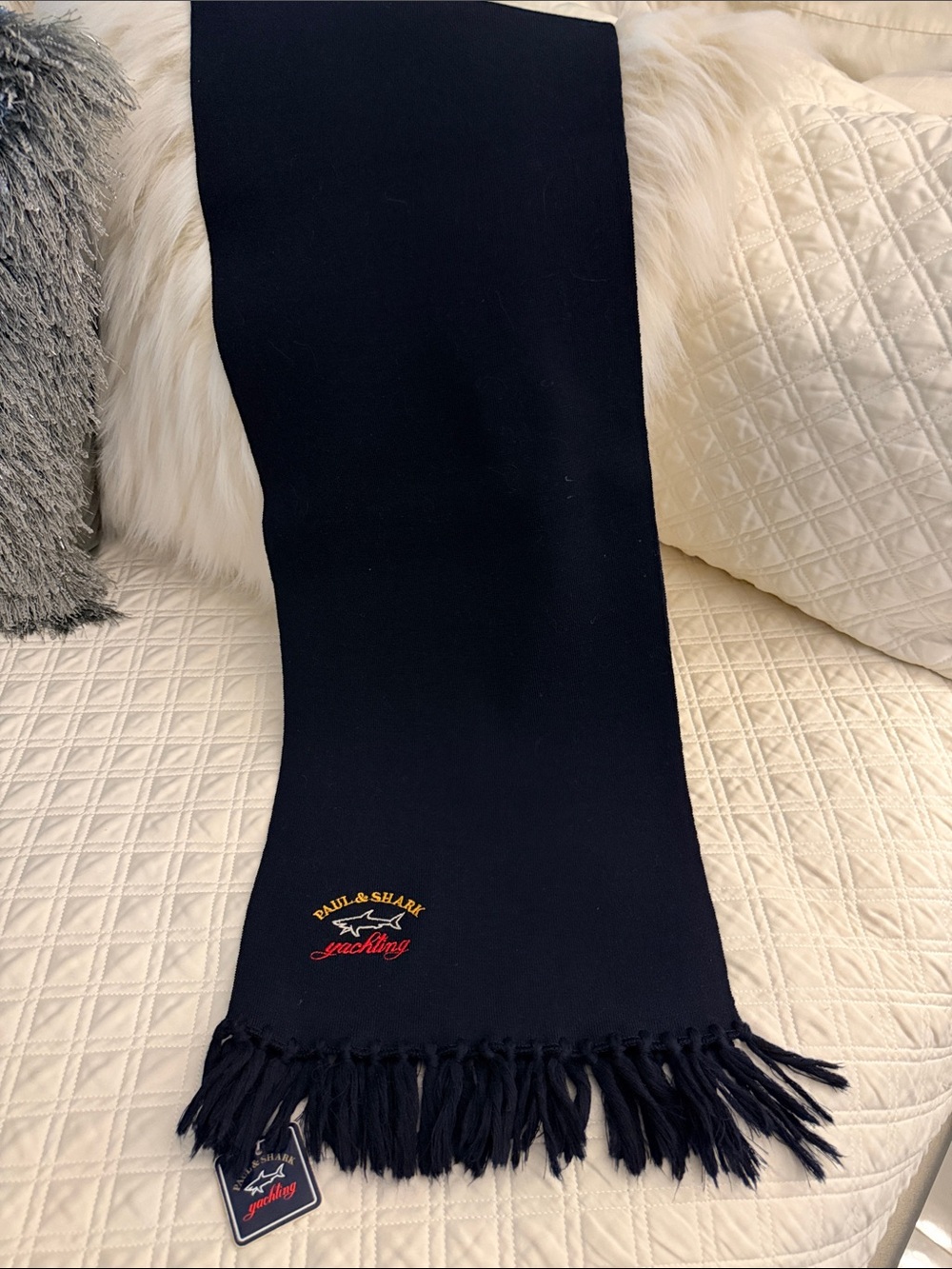 NWT Paul & Shark Yachting Navy Blue Fringe Wool Scarf Made In Italy 🇮🇹